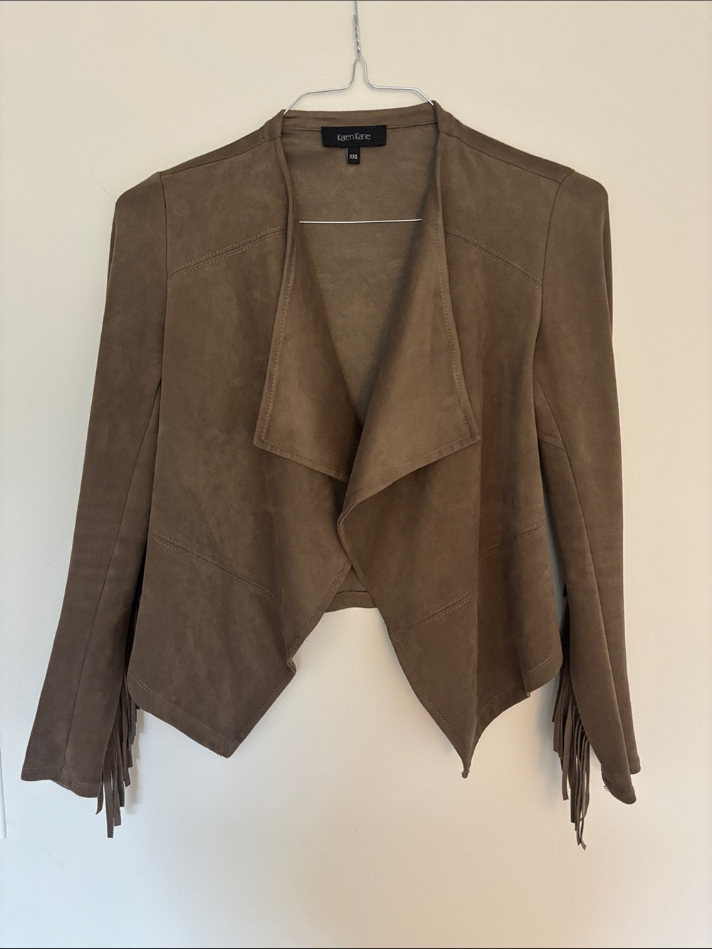 Karen Kane Taupe Suede Draped Fringe Jacket